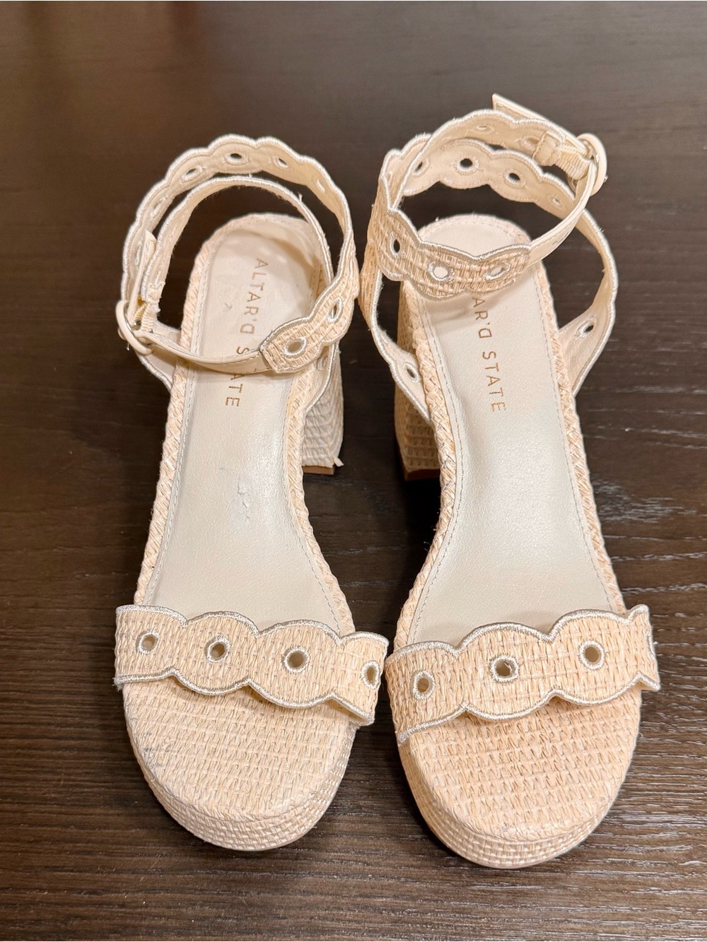 Altar’d State Raffia Eyelet Ankle Strap Block Heel Sandals Size 8.5